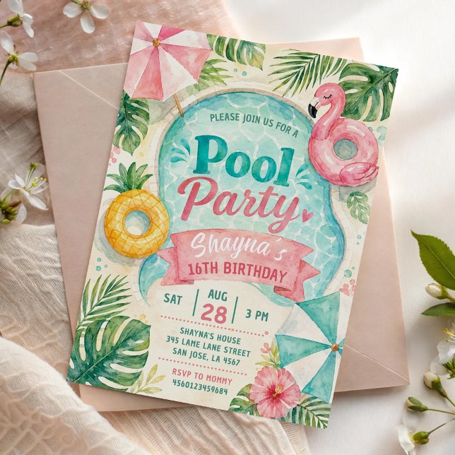 Invitación Fiesta de cumpleaños de verano junto a la piscina (Subido por el creador)