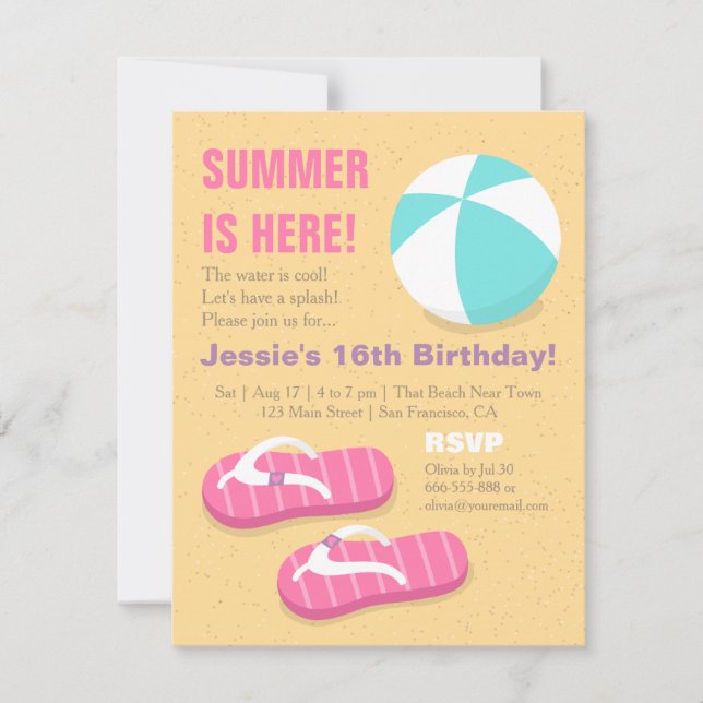 Invitación Fiesta de cumpleaños de verano para adolescentes e (Anverso)