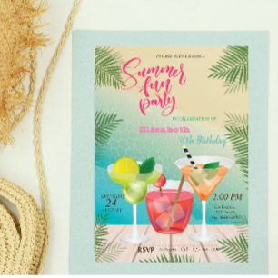 Invitación Fiesta de cumpleaños de verano, piscina, cóctel
