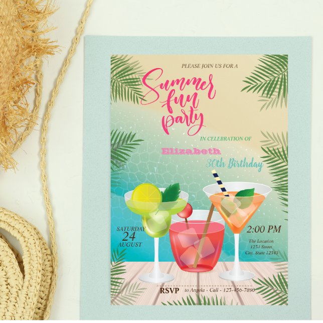 Invitación Fiesta de cumpleaños de verano, piscina, cóctel (Subido por el creador)
