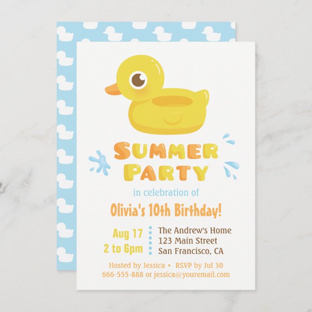 Invitación Fiesta de cumpleaños de verano sobre la piscina de (Anverso / Reverso)