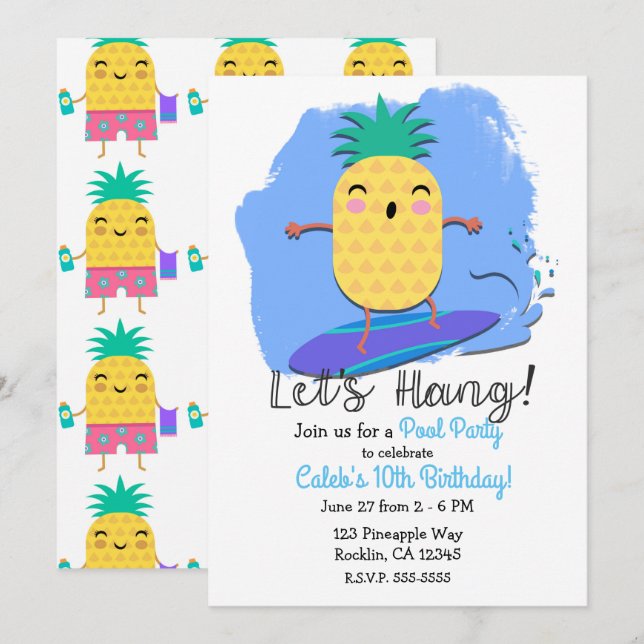 Invitación Fiesta de Cumpleaños de Verano Surfing Piña Piscin (Anverso / Reverso)