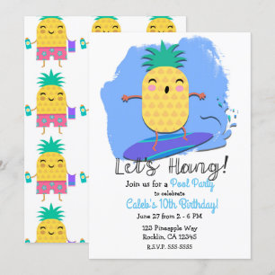 Invitación Fiesta de Cumpleaños de Verano Surfing Piña Piscin