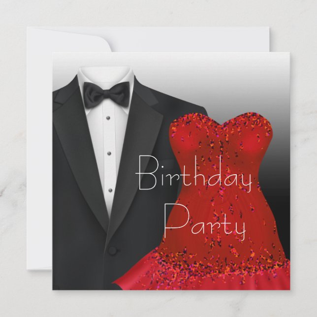 Invitación Fiesta de cumpleaños de vestido rojo y esmoquin ne (Anverso)