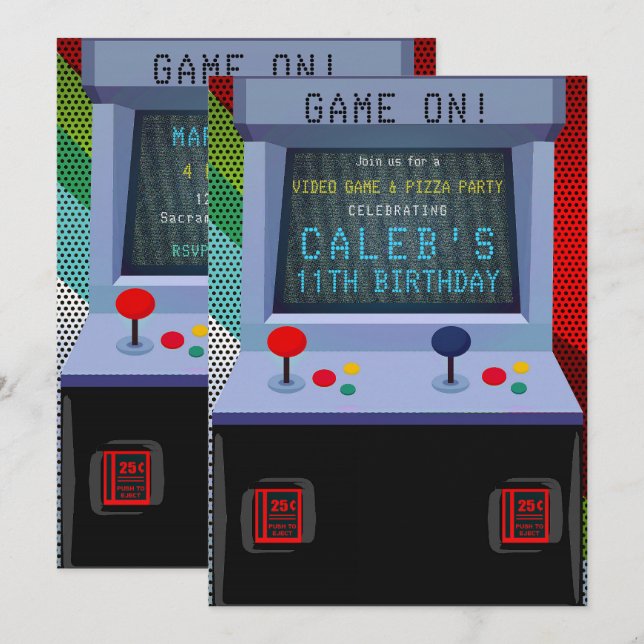 Invitación Fiesta de cumpleaños de videojuegos de arcade (Anverso / Reverso)