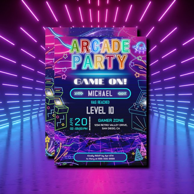 Invitación fiesta de cumpleaños de videojuegos en cascada de  (Neon retro arcade gaming party invitation)
