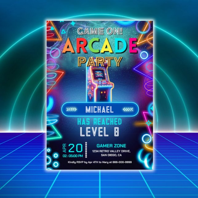 Invitación fiesta de cumpleaños de videojuegos en cascada de  (Neon Arcade Gaming Party Invitation)