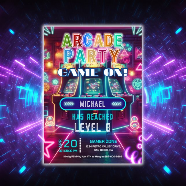 Invitación fiesta de cumpleaños de videojuegos en cascada de  (Neon Arcade Birthday Party Invitation)