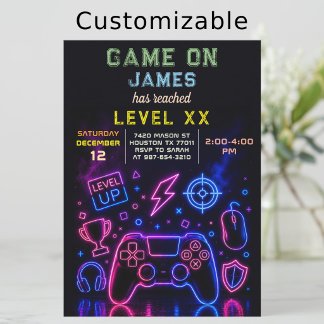 Invitación Fiesta de Cumpleaños de Videojuegos Neon Game On L