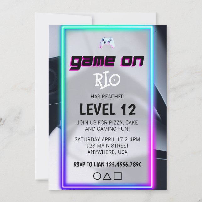 Invitación Fiesta de Cumpleaños de Videojuegos Neon Game On S (Anverso)
