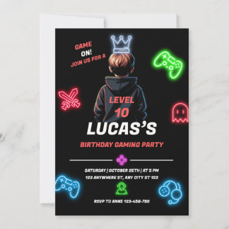 Invitación Fiesta de Cumpleaños de Videojuegos Neon Sube de N