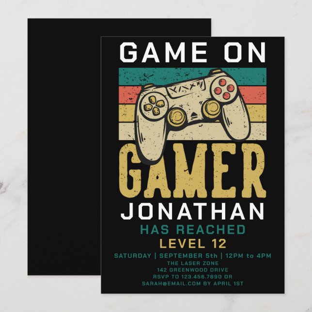 Invitación Fiesta de Cumpleaños de Videojuegos Sube de Nivel  (Anverso / Reverso)