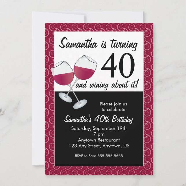 Invitación Fiesta de cumpleaños de vino rojo, que cumple 40 a (Anverso)