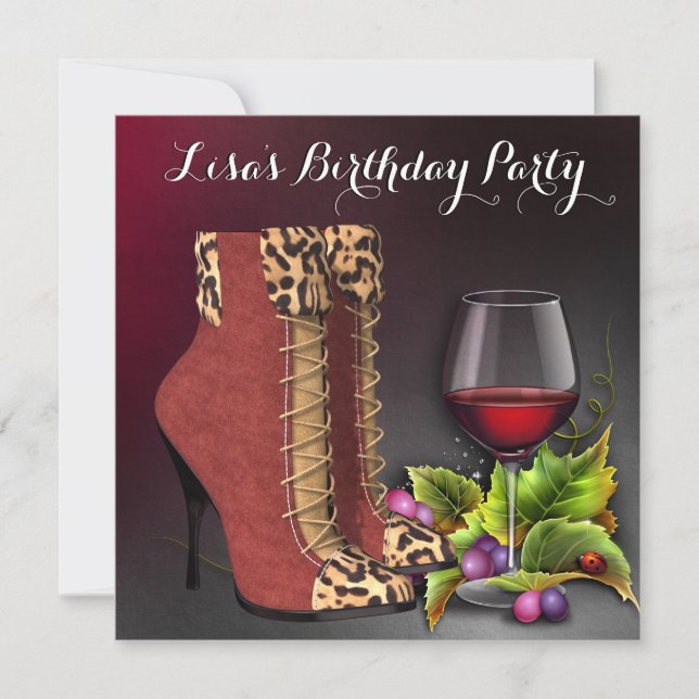 Invitación Fiesta de cumpleaños de vino tinto para mujeres (Anverso)