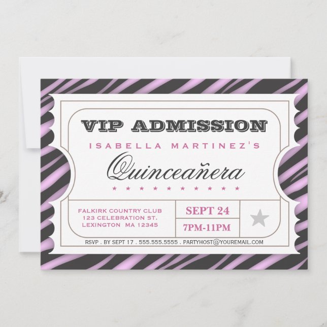 Invitación Fiesta de cumpleaños de VIP Ticket Zebra Glam Quin (Anverso)