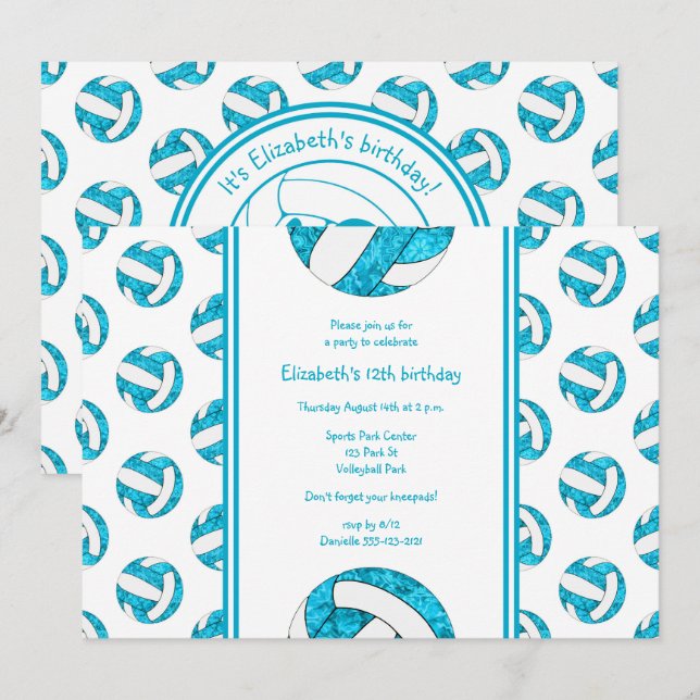 Invitación fiesta de cumpleaños de voleibol chica azul turque (Anverso / Reverso)