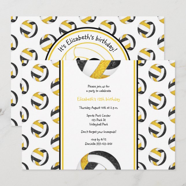 Invitación fiesta de cumpleaños de voleibol chicas de oro neg (Anverso / Reverso)