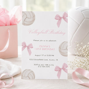Invitación Fiesta de Cumpleaños de Voleibol con Lazo Rosa par