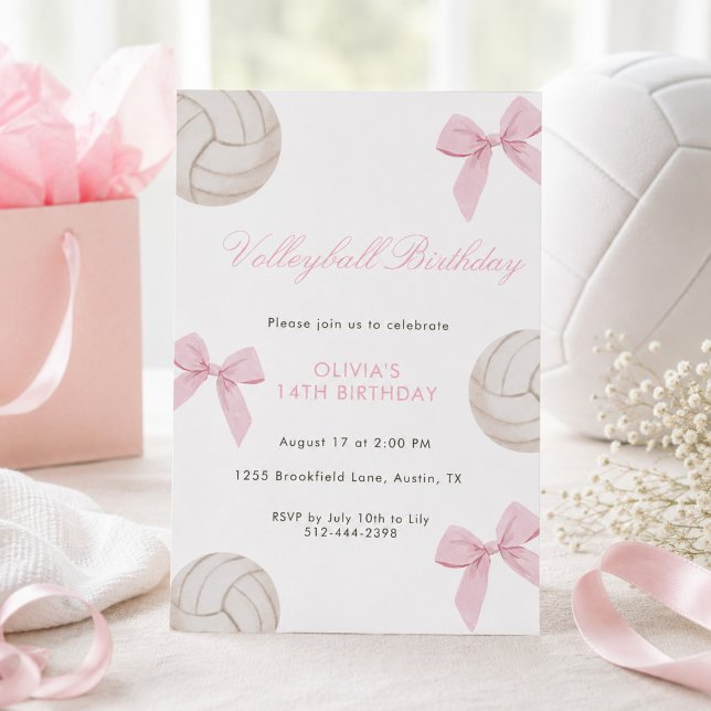 Invitación Fiesta de Cumpleaños de Voleibol con Lazo Rosa par (Subido por el creador)