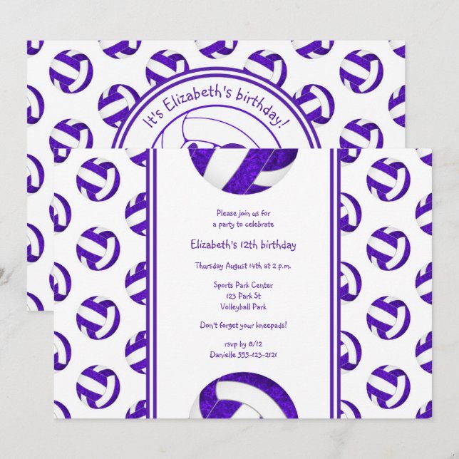 Invitación fiesta de cumpleaños de voleibol de chicas púrpura (Anverso / Reverso)