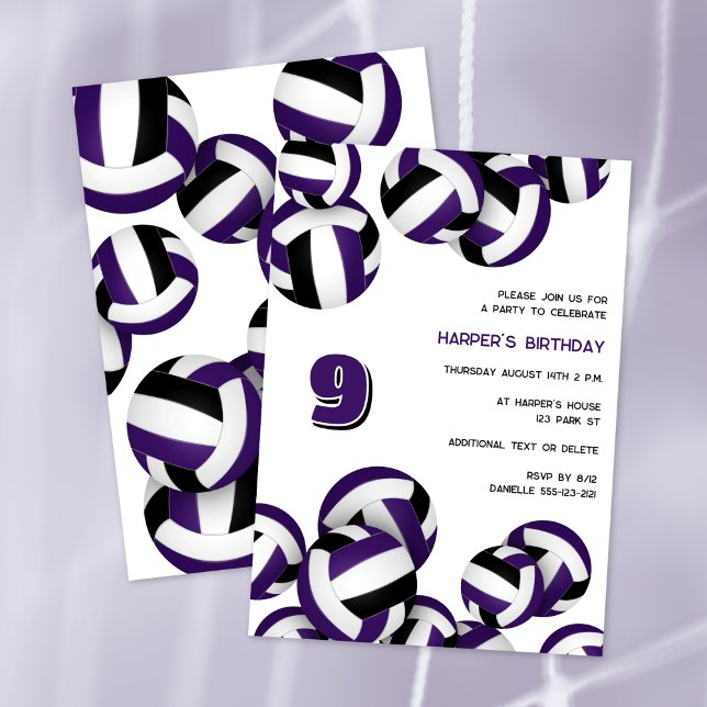 Invitación fiesta de cumpleaños de voleibol en equipo negro m (front & back views)