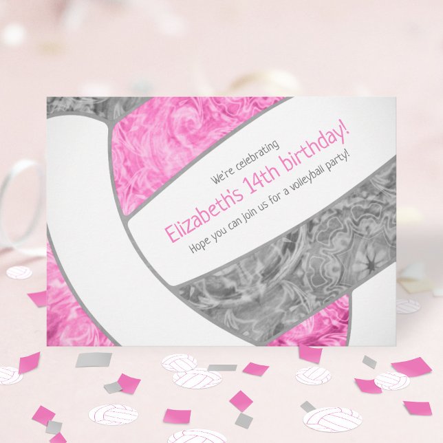 Invitación fiesta de cumpleaños de voleibol gris rosa (Subido por el creador)