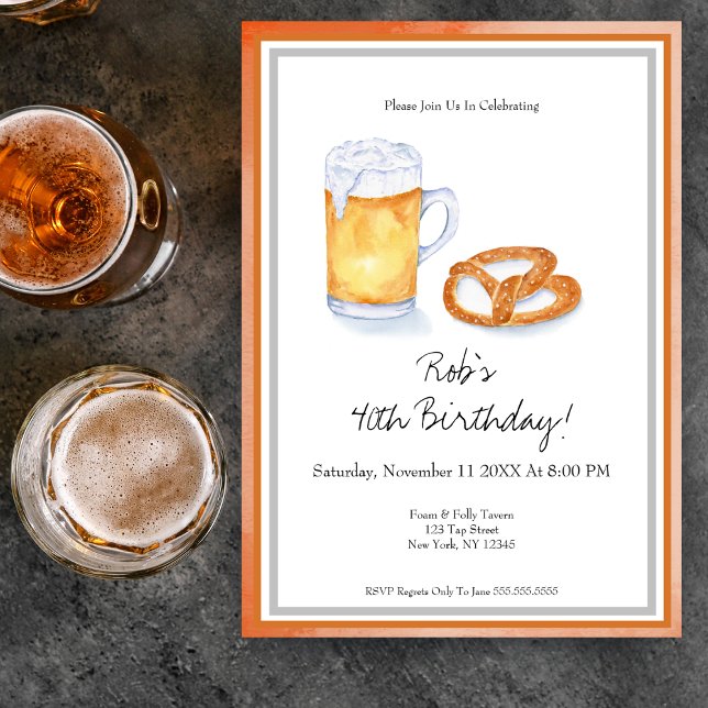 Invitación Fiesta de cumpleaños de Watercolor Beer & Pretzel (Get ready to raise your 'foamy' glasses! Watercolor foam beer & pretzel birthday invite promises.)