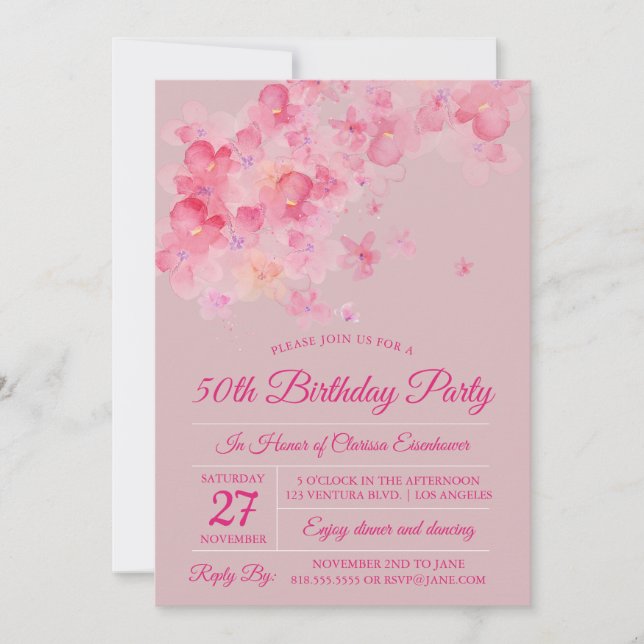 Invitación Fiesta de cumpleaños de Watercolor Cherry Blossom (Anverso)