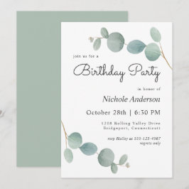 Invitación Fiesta de cumpleaños de Watercolor Eucalyptus Gree