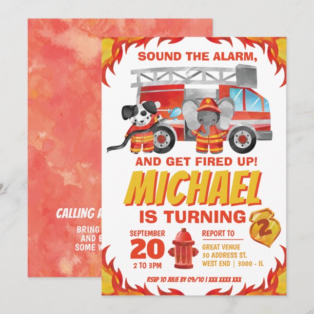 Invitación Fiesta de cumpleaños de Watercolor Fire Truck (Anverso / Reverso)