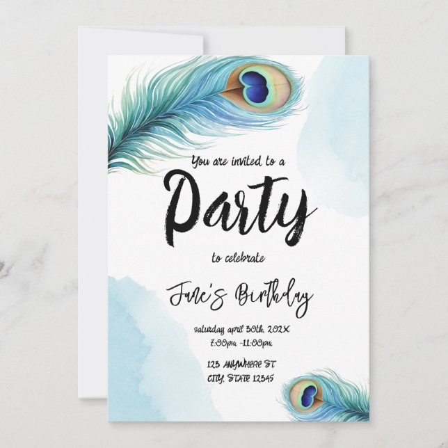 Invitación Fiesta de cumpleaños de Watercolor Peacock Feather (Anverso)