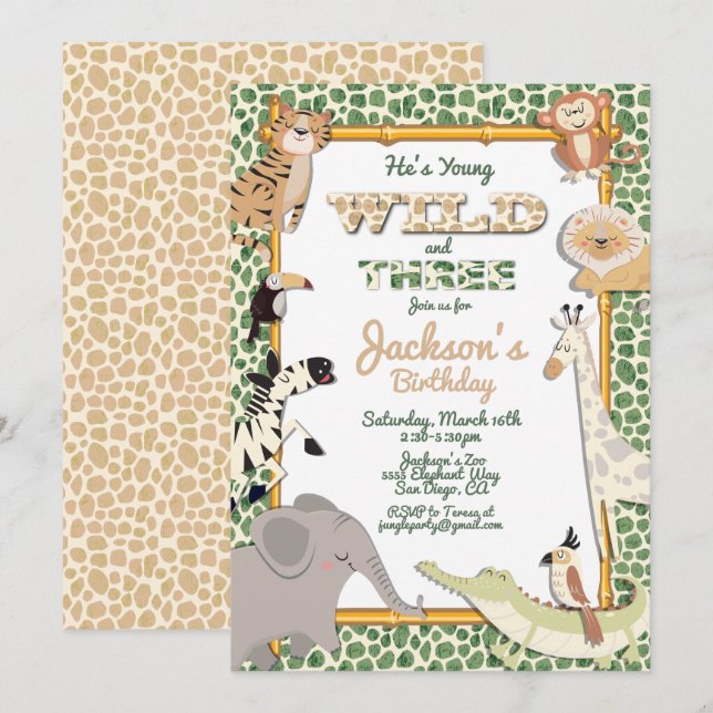 Invitación Fiesta de cumpleaños de Wild and Three Jungle Safa (Anverso / Reverso)