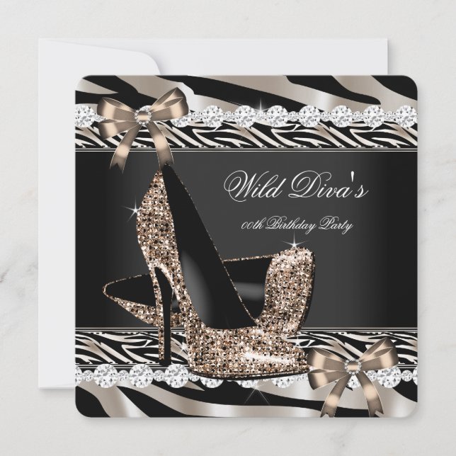 Invitación Fiesta de cumpleaños de Wild Diva Zebra Beige High (Anverso)