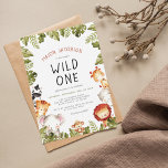 Invitación Fiesta de cumpleaños de Wild One Safari Animals<br><div class="desc">¡Esta encantadora invitación de fiesta es perfecta para el primer cumpleaños de tu pequeño! Un diseño moderno con un marco de hojas de acuarela verdes (hojas tropicales como monstera y palma), un mono con un gorra de safari, un elefante, un tigre, una cebra, un león, un hipopótamo y una jirafa....</div>