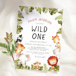 Invitación Fiesta de cumpleaños de Wild One Safari Animals<br><div class="desc">¡Esta encantadora invitación de fiesta es perfecta para el primer cumpleaños de tu pequeño! Un diseño moderno con un marco de hojas de acuarela verdes (hojas tropicales como monstera y palma), un mono con un gorra de safari, un elefante, un tigre, una cebra, un león, un hipopótamo y una jirafa....</div>