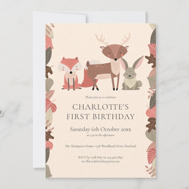 Invitación Fiesta de cumpleaños de Woodland Animals (Anverso)