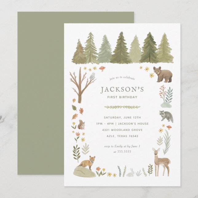 Invitación Fiesta de cumpleaños de Woodland Animals (Anverso / Reverso)
