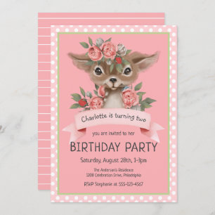 Invitación Fiesta de cumpleaños de Woodland Baby Deer Pink Ch