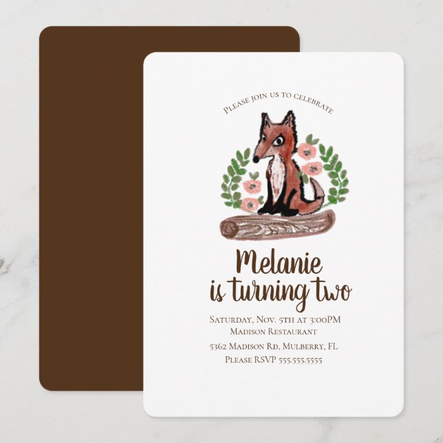 Invitación Fiesta de cumpleaños de Woodland Rustic Fox Floral (Anverso / Reverso)