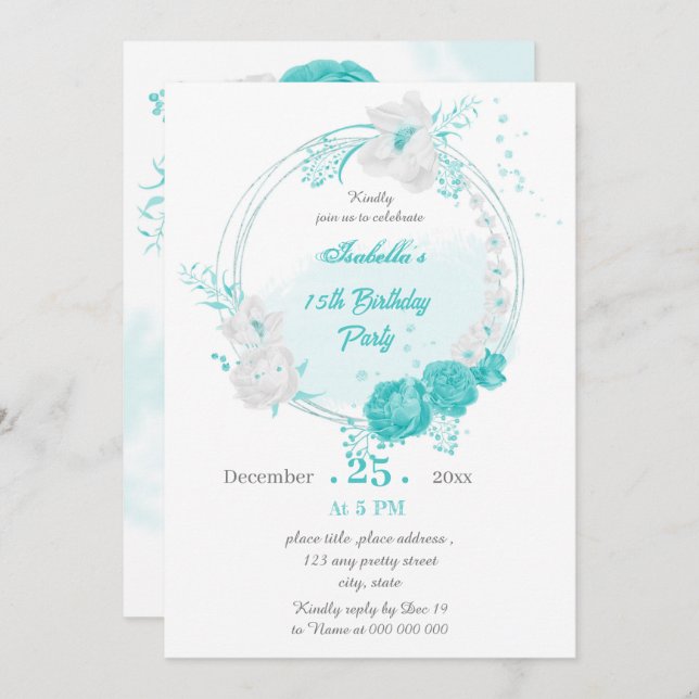 Invitación fiesta de cumpleaños de wreath floral turquesa (Anverso / Reverso)