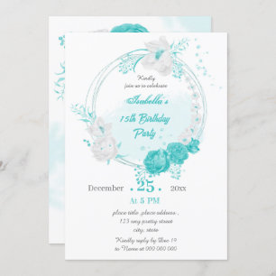 Invitación fiesta de cumpleaños de wreath floral turquesa