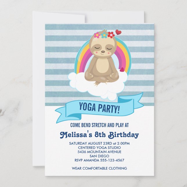 Invitación Fiesta de Cumpleaños de Yoga de Perezoso Meditando (Anverso)