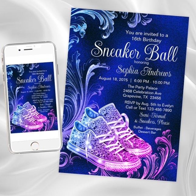 Invitación Fiesta de Cumpleaños de Zapatillas de Balón Azul M (Purple blue sneaker ball invitation. Instant download and printed invitations available.)