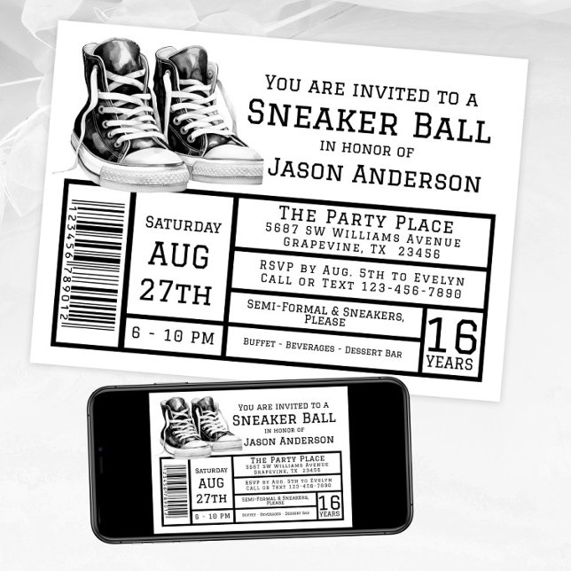Invitación Fiesta de cumpleaños de zapatillas para niños (Sneaker ball invitation with black sneakers box label style. Available instant download and print.)