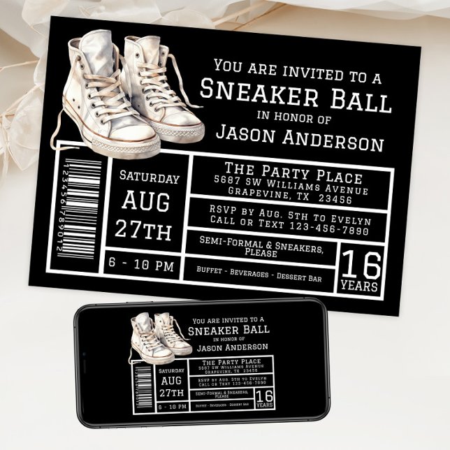 Invitación Fiesta de cumpleaños de zapatillas para niños  (Sneaker ball invitation with hightop sneakers shoe box label style. For instant download and print.)