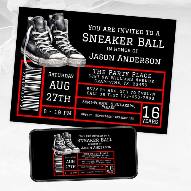 Invitación Fiesta de cumpleaños de zapatillas rojas y negras (Boy red black sneaker ball invitations shoe label style. Available for instant download and print.)