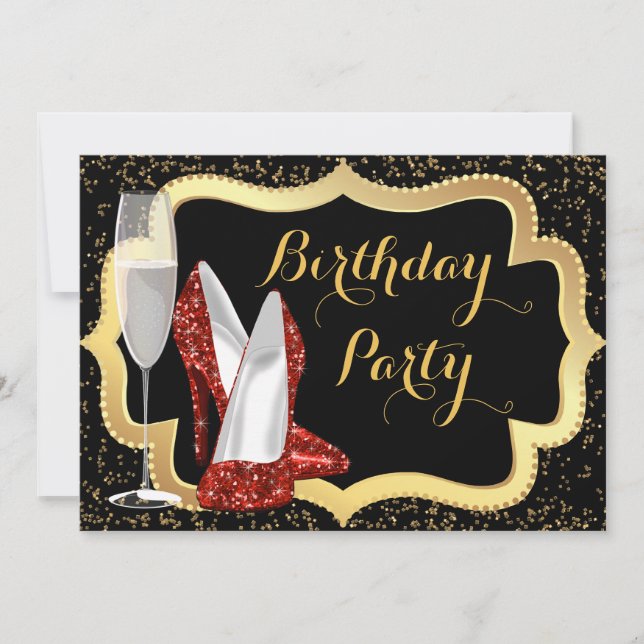 Invitación Fiesta de Cumpleaños de Zapato de Tacón Alto Rojo (Anverso)