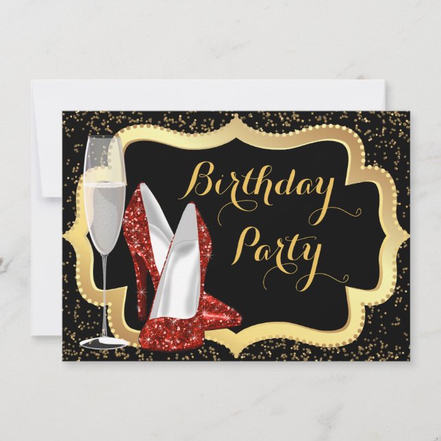 Invitación Fiesta de Cumpleaños de Zapato de Tacón Alto Rojo (Anverso)