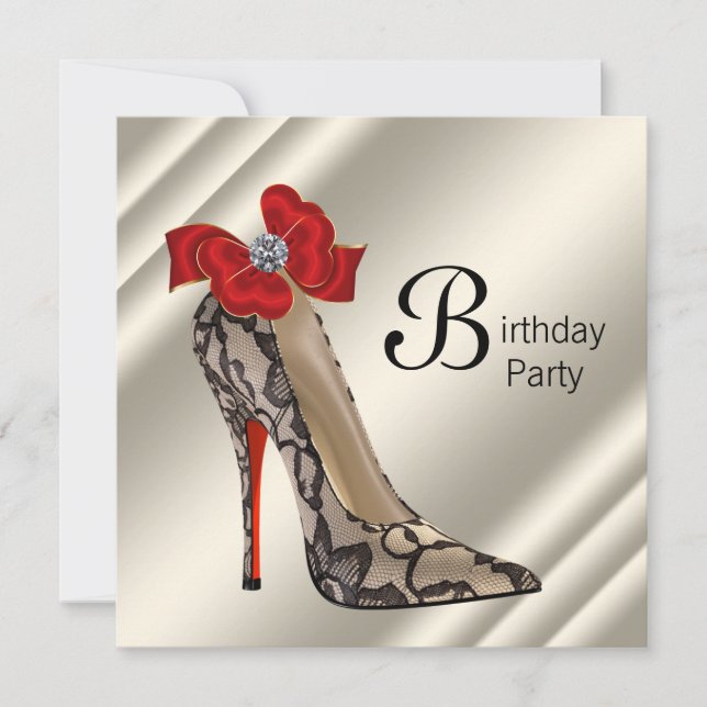Invitación Fiesta de cumpleaños de zapato de tacón rojo negro (Anverso)