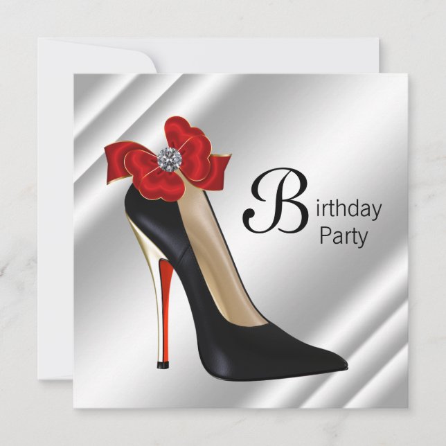 Invitación Fiesta de cumpleaños de zapato de tacón rojo negro (Anverso)